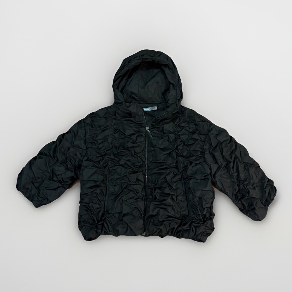 Prada Milano 2007 Ruched Nylon Hooded Jacket Black IT38 Made in Italy